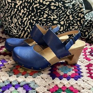 Dansko Royal Blue Leather Slingback Wedge Clogs